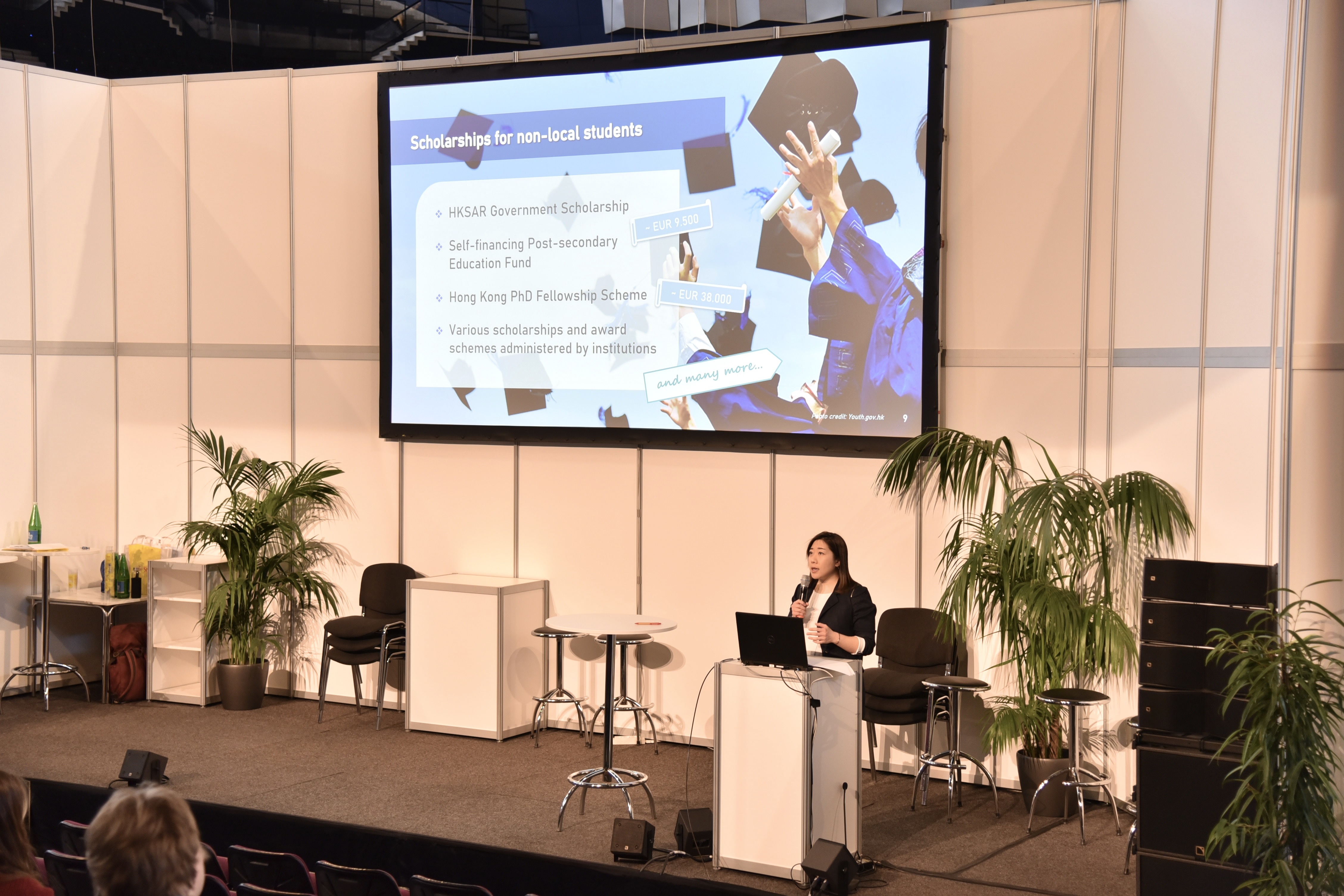 The Director of the Hong Kong Economic and Trade Office, Berlin (HKETO Berlin), Ms Jenny Szeto, speaks at the BeSt Education Fair 2023 in Vienna on March 2.