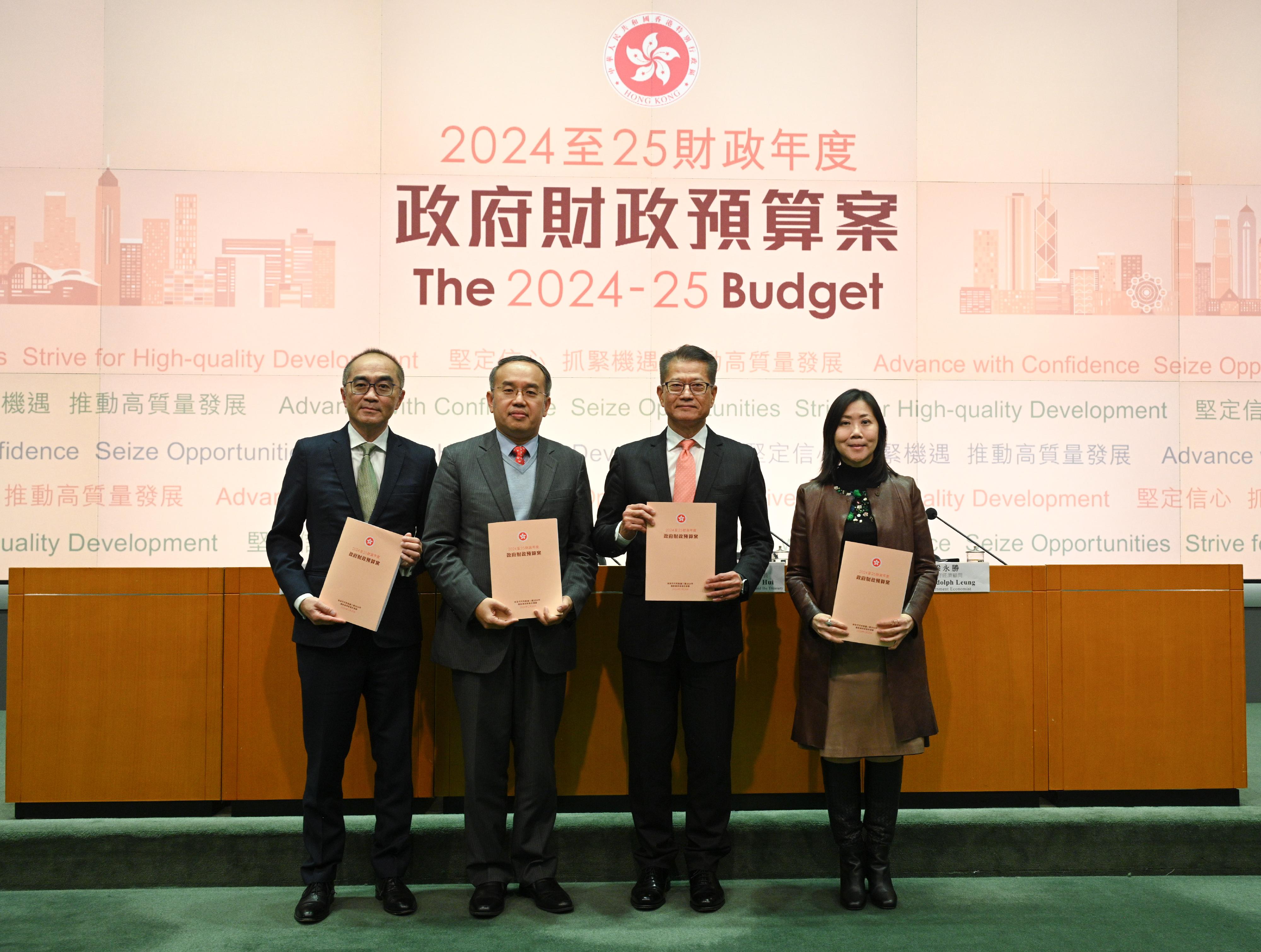 The Financial Secretary, Mr Paul Chan (second right) in a press conference on the 2024-25 Budget on 28 February 2024. The Financial Secretary, Mr Paul Chan (second right) in a press conference on the 2024-25 Budget on 28 February 2024.