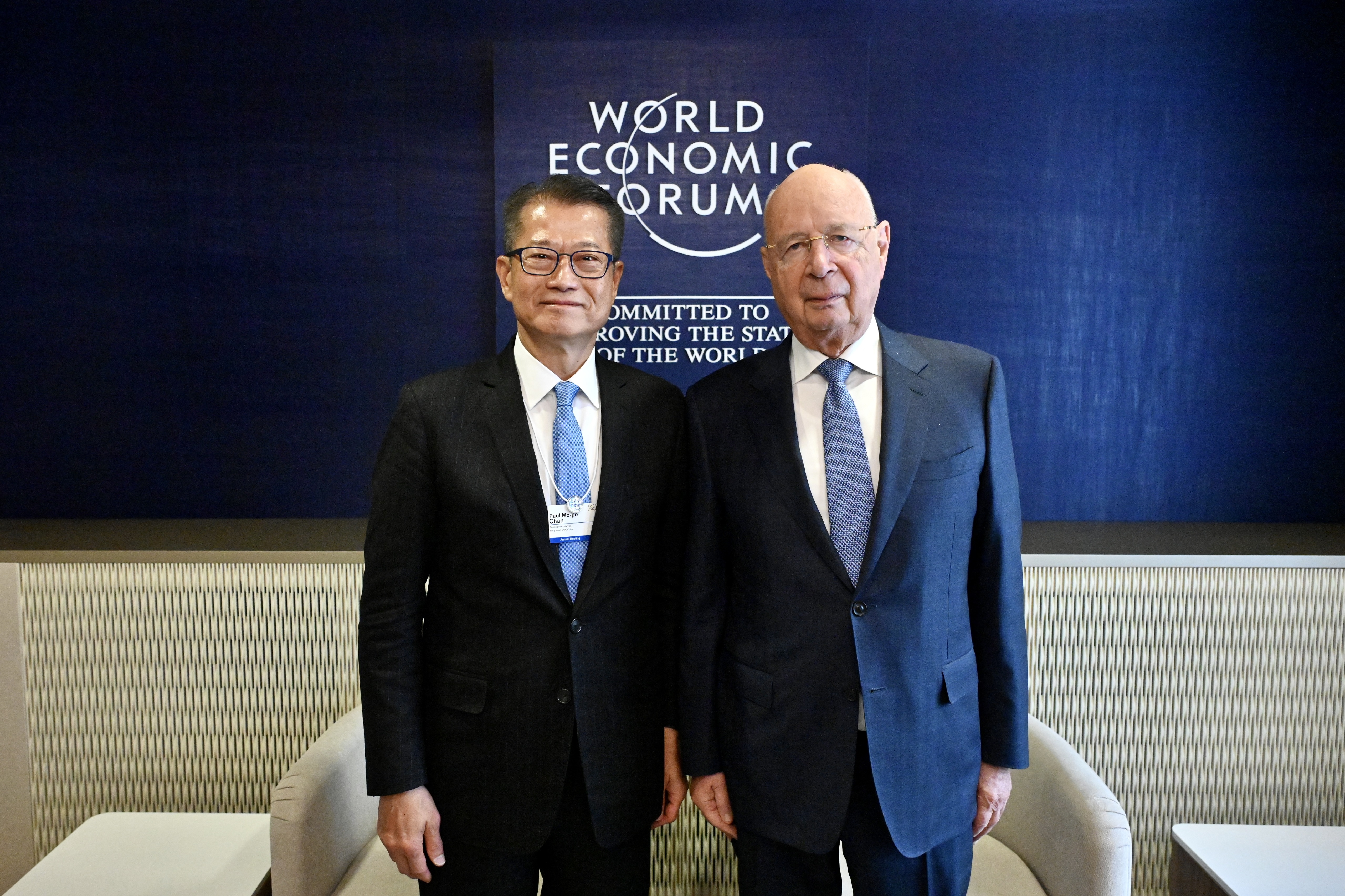 The Financial Secretary, Mr Paul Chan (left), met with the Founder and Executive Chairman of the World Economic Forum (WEF), Professor Klaus Schwab (right) in Davos, Switzerland on 18 January 2024. The Financial Secretary, Mr Paul Chan (left), met with the Founder and Executive Chairman of the World Economic Forum (WEF), Professor Klaus Schwab (right) in Davos, Switzerland on 18 January 2024.